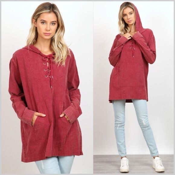 Lace- Up Mineral Washed Hoodie - Picture 1 of 7